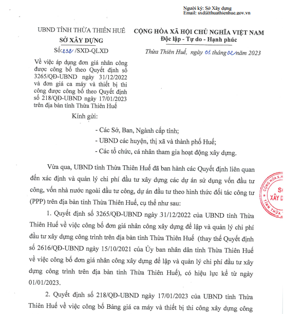 don gia xay dung tinh thua thien Hue